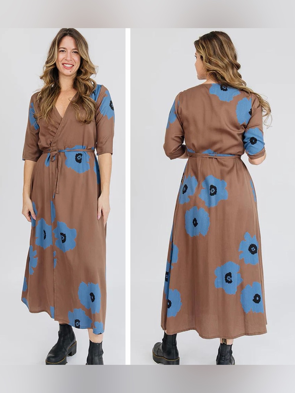 Mata Traders Aditi wrap maxi Floral dress brown/dark oak blue size L
